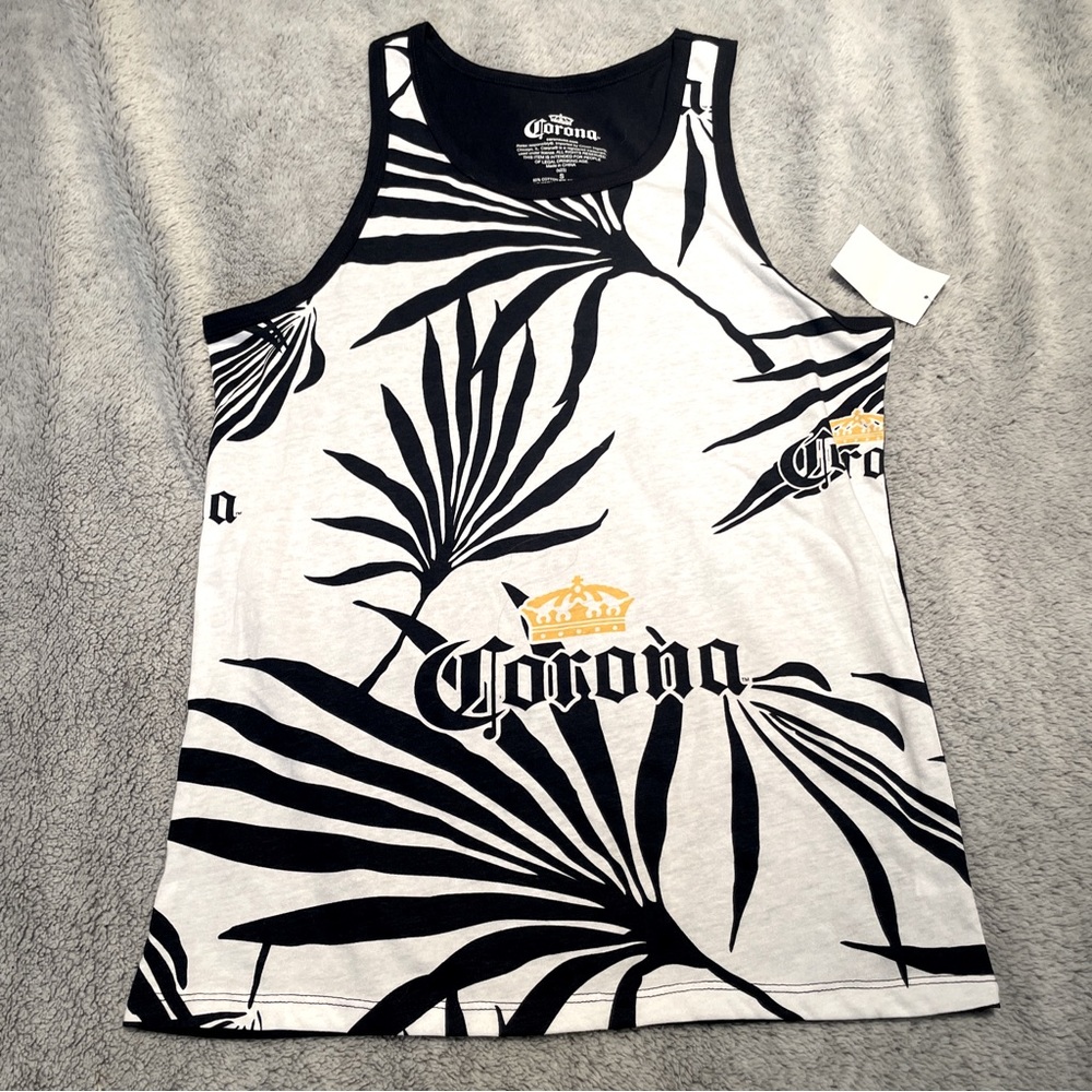 Corona Tank Top White Navy Blue Palm Beach Hawaiian Tropical Men’s Sz S NWT